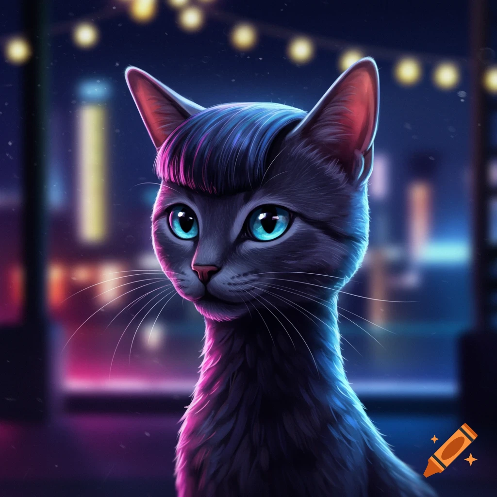 Digital art portrait of a dark gray cat with bright blue eyes and a purple haircut, against a blurred neon city night.