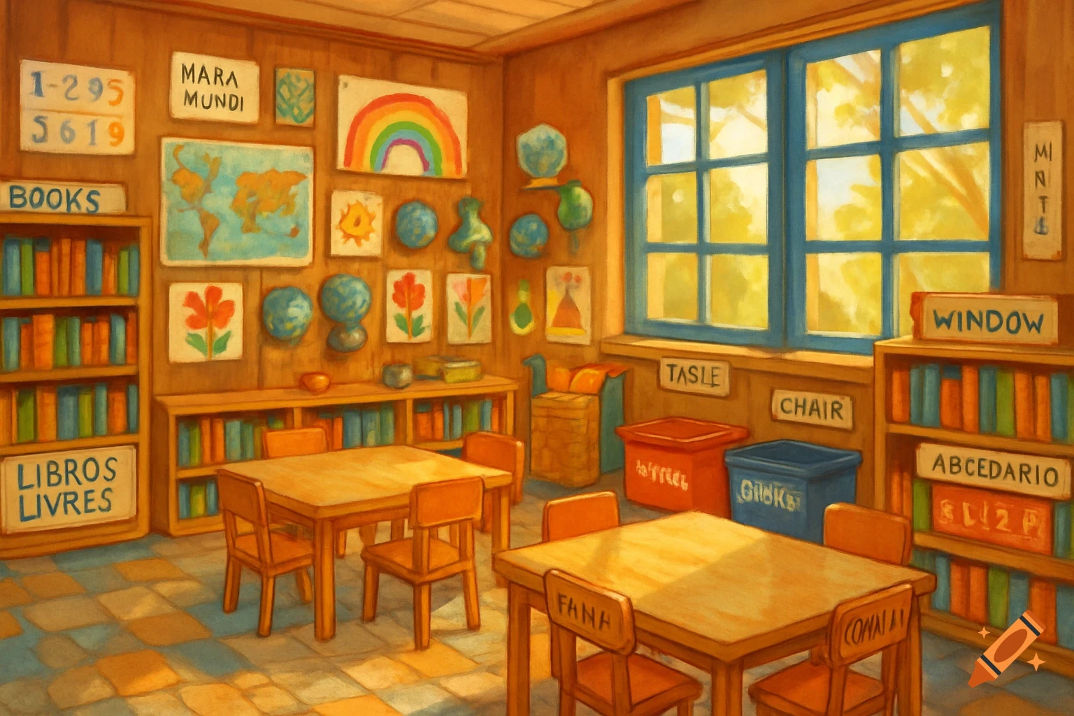 A warm, painterly elementary classroom with bookshelves, student art, labeled items, and two tables with chairs. Sunlight streams through a large blue window.