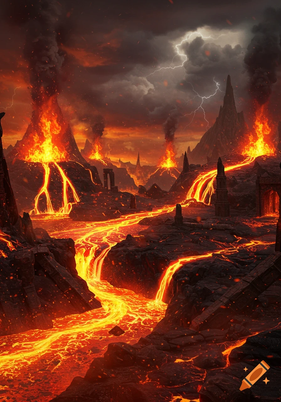 A dramatic hellish landscape with erupting volcanoes, glowing rivers of lava, jagged rock formations, and a stormy sky with lightning.