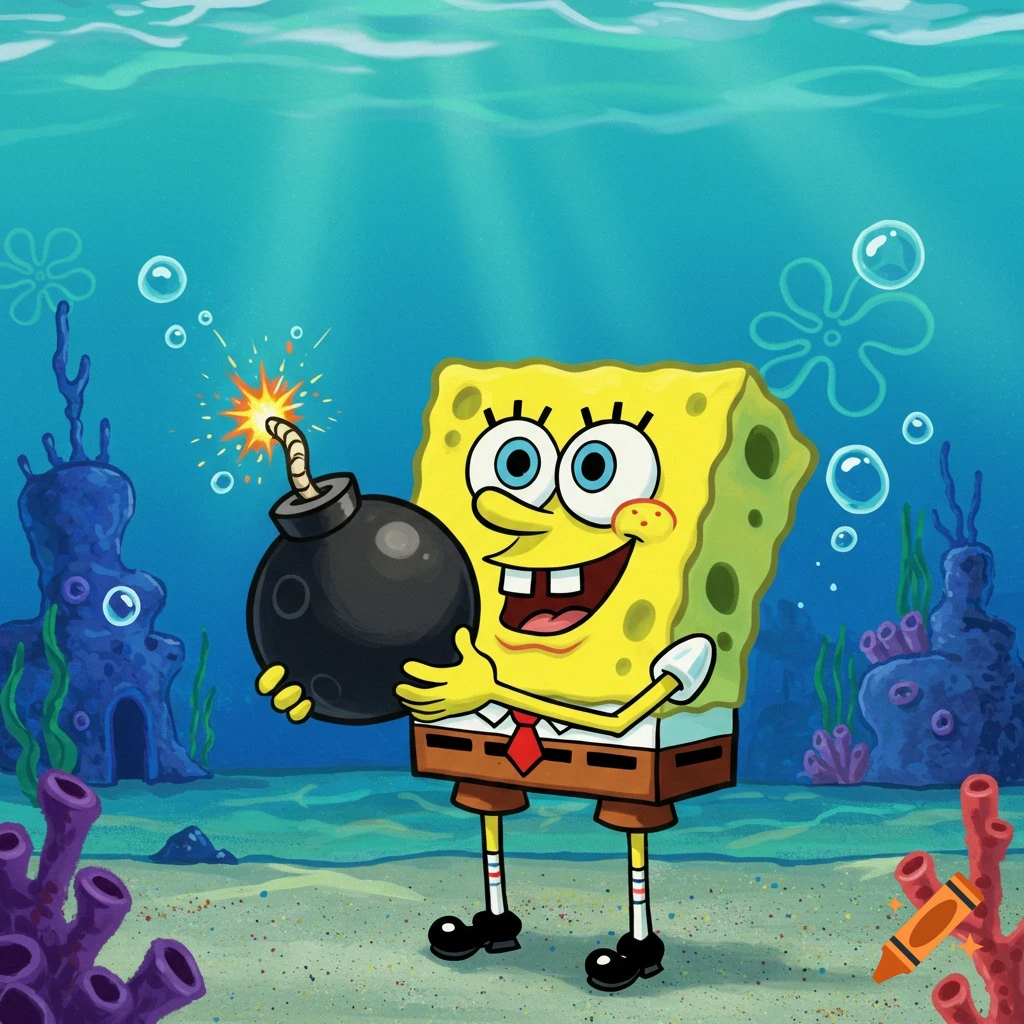 SpongeBob SquarePants, a yellow sponge, happily holds a lit cartoon bomb underwater in a vibrant cartoon style.