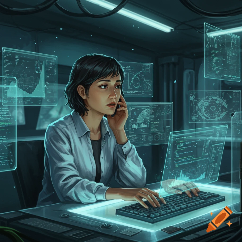 A digital illustration of a woman in a futuristic control room, interacting with multiple glowing holographic screens and a keyboard.