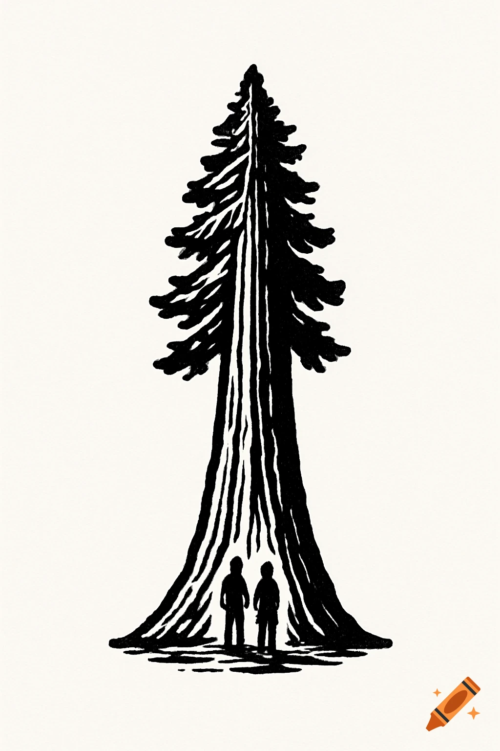 A black and white woodcut style illustration of a tall redwood tree with two small figures standing at its base.