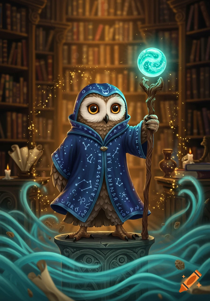 A cute owl in a blue wizard robe with constellations, holding a magical staff with a glowing orb, standing in a library surrounded by magic. Illustrated style.