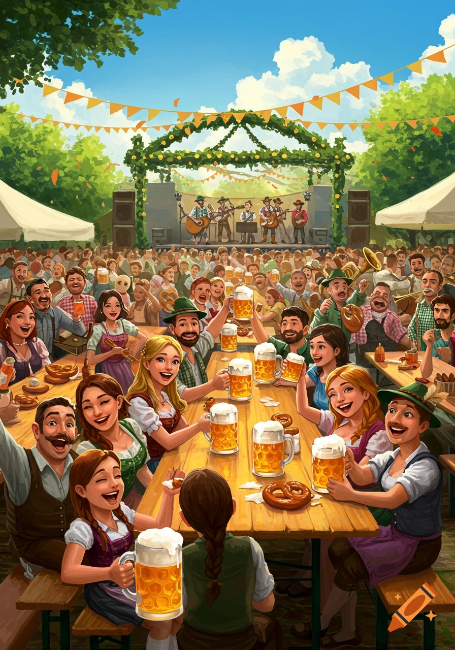 A vibrant illustration of a large crowd celebrating at Oktoberfest, with people raising beer mugs at wooden tables, a band performing on stage, and colorful banners under a blue sky.