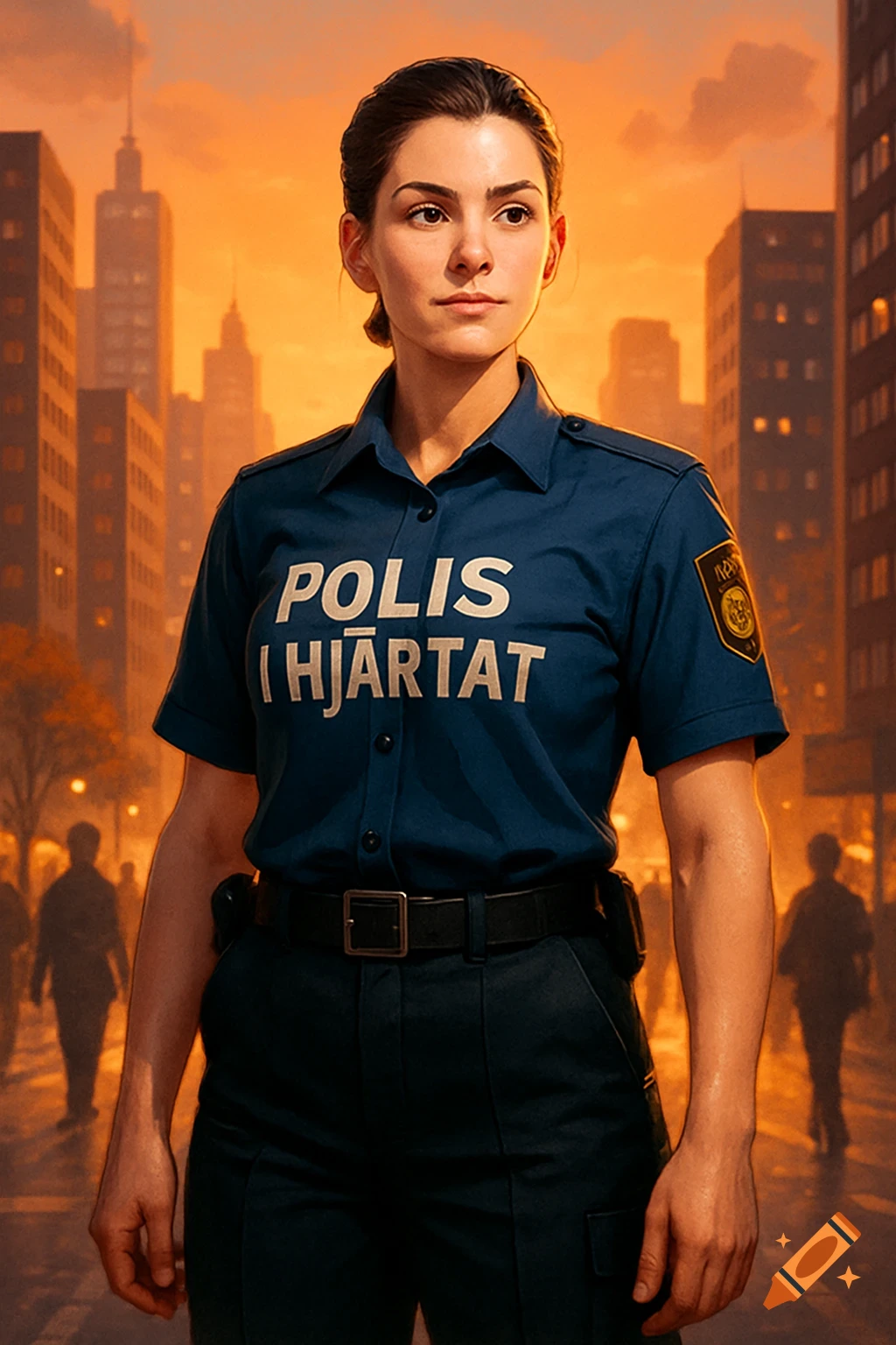 A female police officer in a dark blue uniform with 'POLIS I HJÄRTAT' on her shirt, standing in a city at sunset.