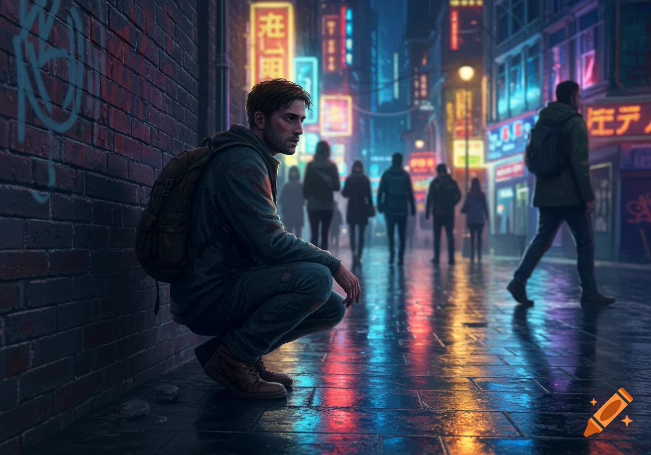 A man with a backpack crouches by a brick wall on a wet city street at night, illuminated by neon signs.
