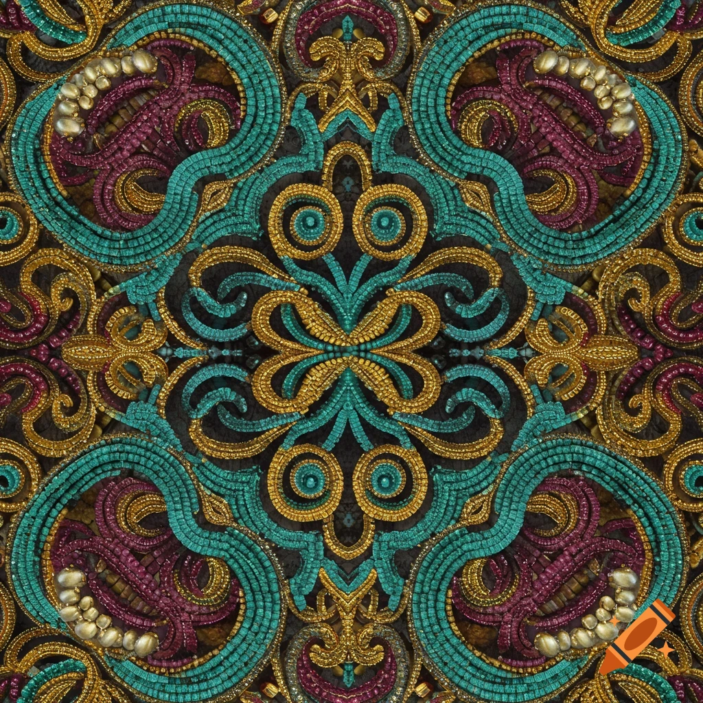 Ornate symmetrical beadwork pattern in gold, teal, and magenta with pearl accents.