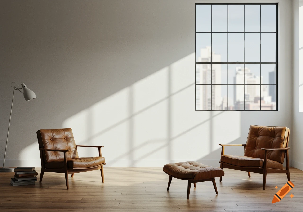 Photorealistic image of a sunlit, modern apartment interior with vintage brown leather chairs, an ottoman, a floor lamp, and a large window looking out to a city skyline.