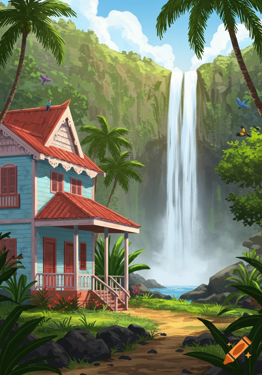 Stylized illustration of a blue house with a red roof on a path in a tropical jungle, with a tall waterfall and palm trees.