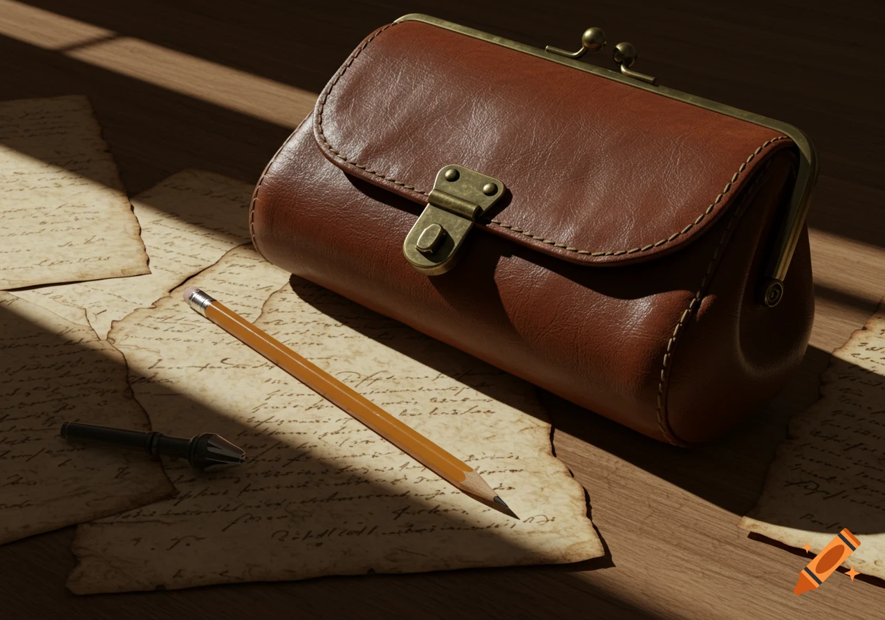 A brown leather purse, a wooden pencil, and a sharpener on a wooden surface with scattered old papers, illuminated by sunlight.