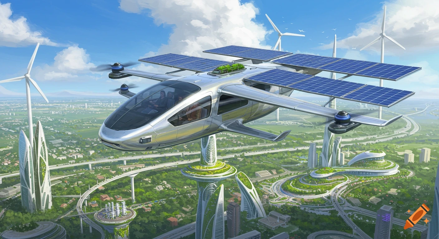 A silver flying car with solar panels flies over a lush green futuristic city with eco-friendly buildings and wind turbines under a blue sky.