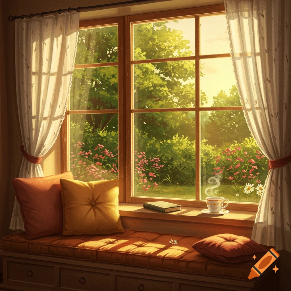 Illustrated cozy window seat with cushions, a book, and a steaming cup overlooking a vibrant green garden.