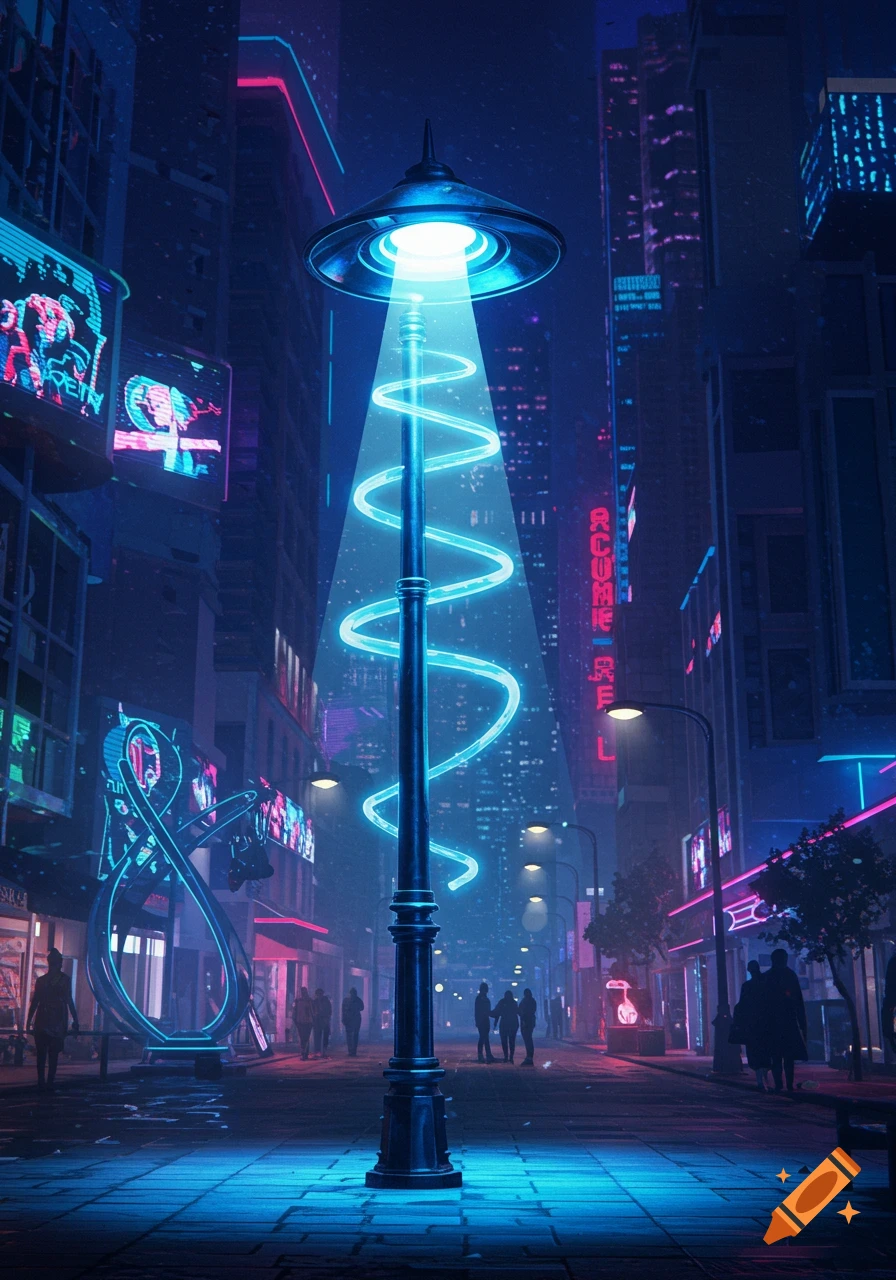 A cyberpunk city street at night, with neon blue and pink lights reflecting on the wet pavement, centered by a futuristic street lamp emitting a swirling blue beam.