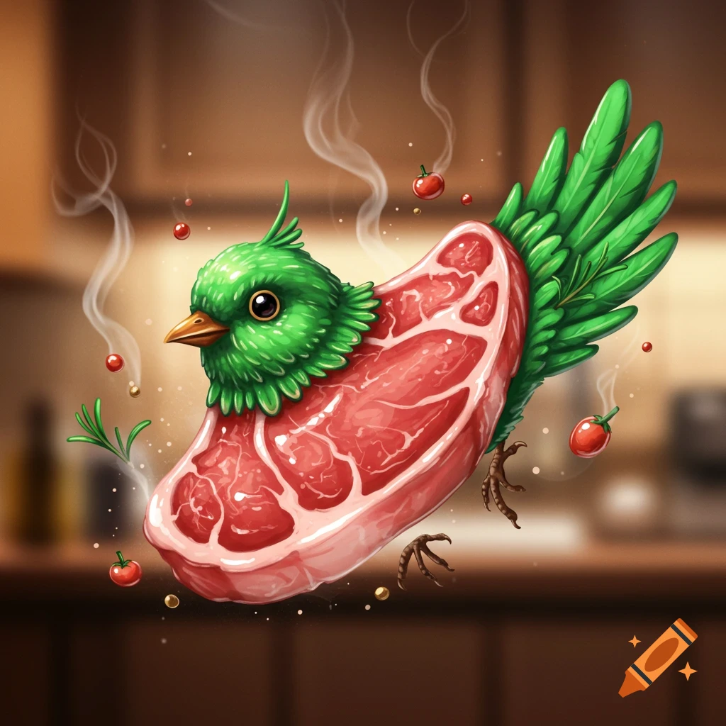 A whimsical green bird with a raw steak for a body, surrounded by steam, tomatoes, and herbs in a kitchen.