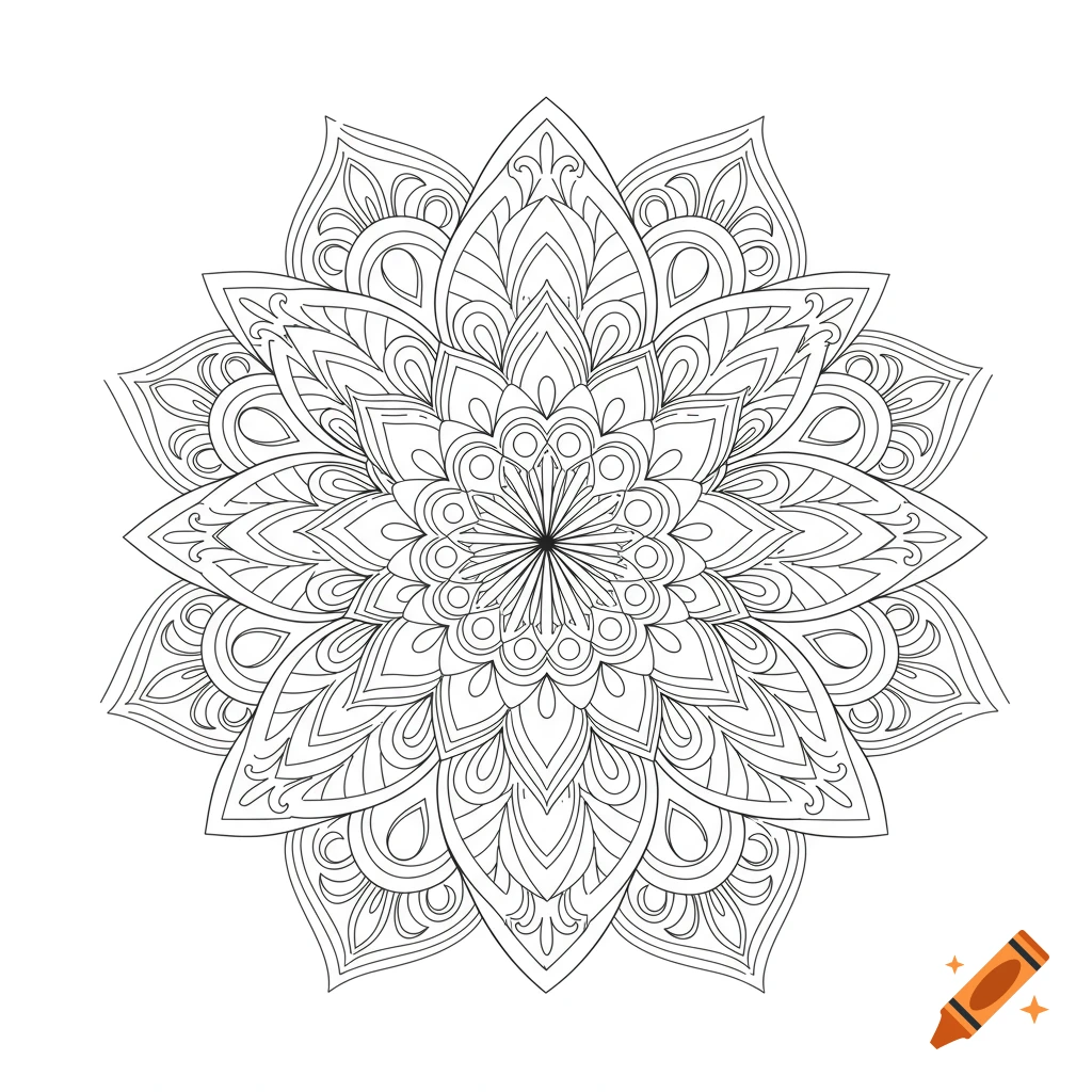 Detailed black and white symmetrical mandala line art drawing on a white background.