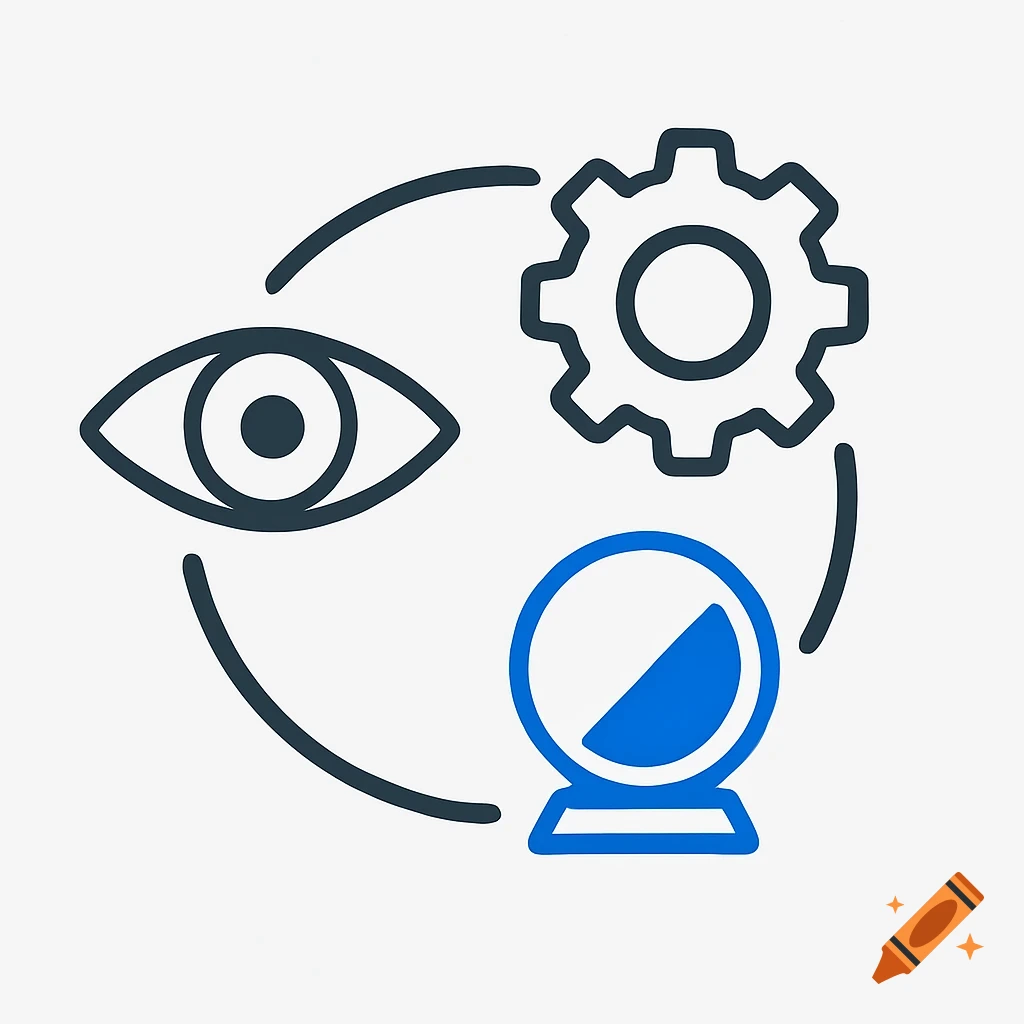 An eye, a gear, and a crystal ball connected in a circular formation, depicted as simple blue and dark grey line art.