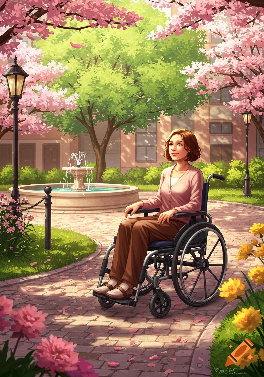 A woman in a wheelchair on a brick path in a park with pink cherry blossoms and a fountain. Digital art.