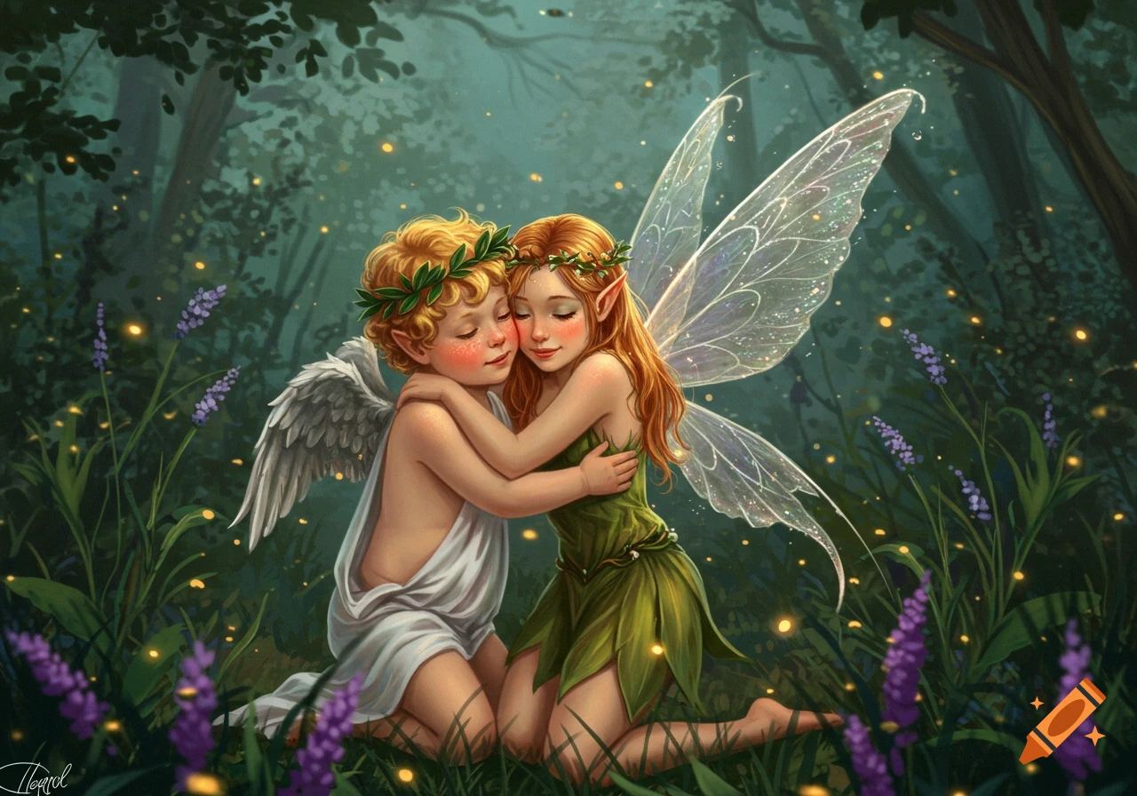 A detailed illustration of a blonde putto and a red-haired fairy hugging in a moonlit forest with lavender and fireflies.