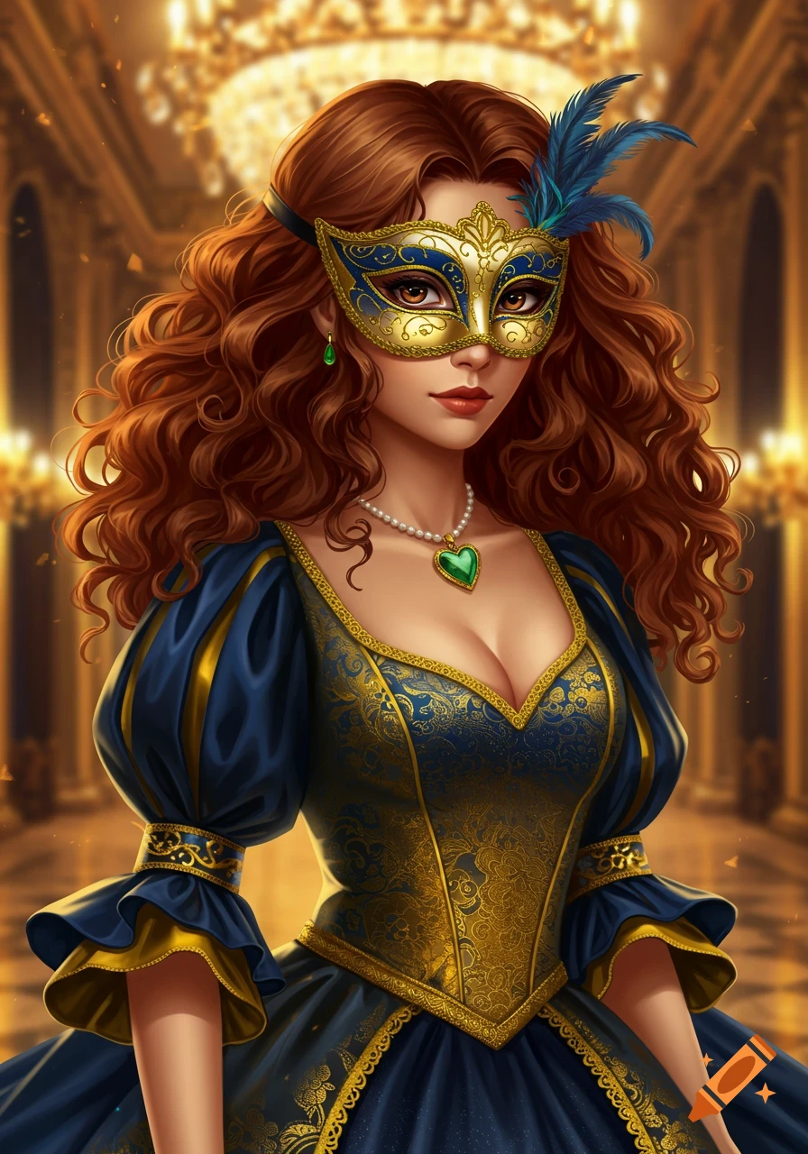 A woman with long brown curls wearing a gold and blue masquerade mask and dress, with a green heart necklace, in a grand hall.
