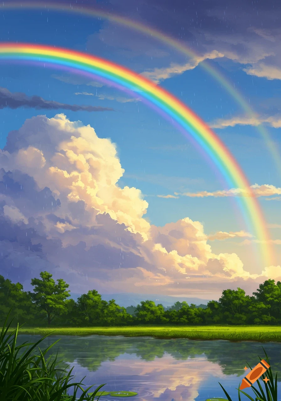 Vibrant digital painting of a double rainbow arching over a calm lake reflecting the sky, surrounded by green trees and grass.
