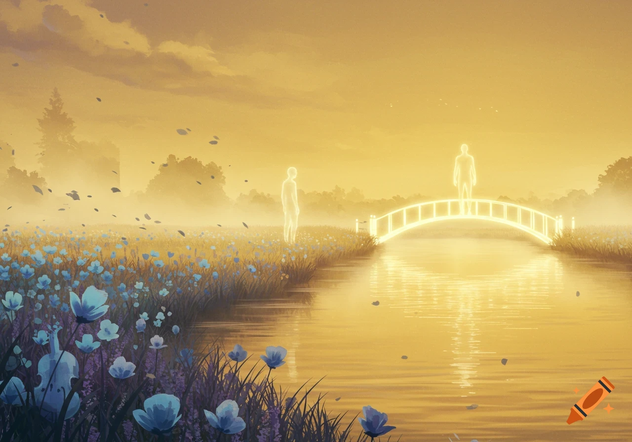 Two ethereal, glowing figures in a golden, misty landscape, one standing on a radiant bridge over a river, the other in a field of blue flowers.
