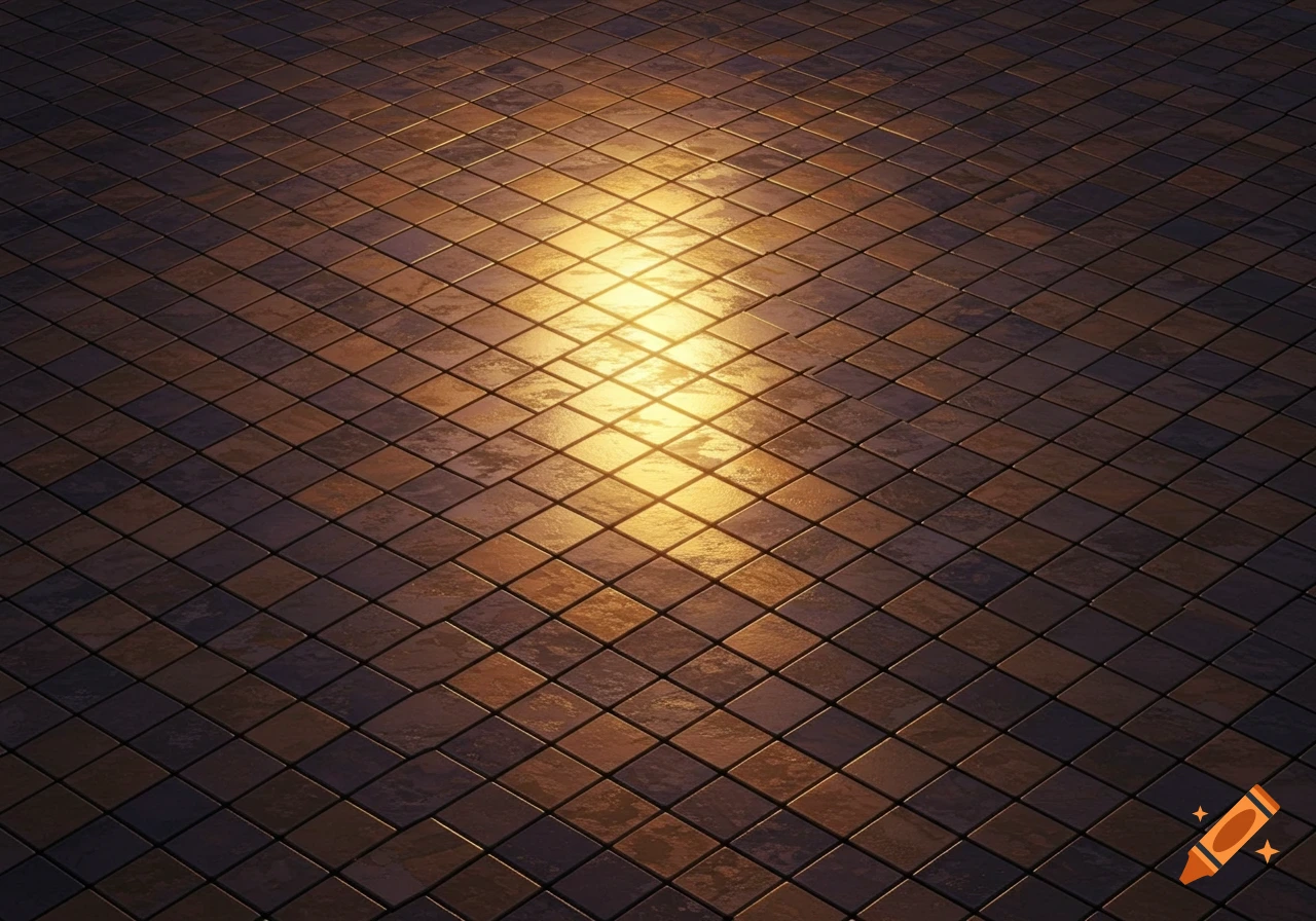 A dark tessellated surface with square tiles illuminated by a bright, golden light in the center.