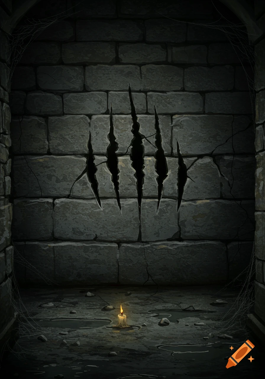 A dark, stylized illustration of a stone dungeon wall with large claw marks, lit by a single candle on a wet floor.