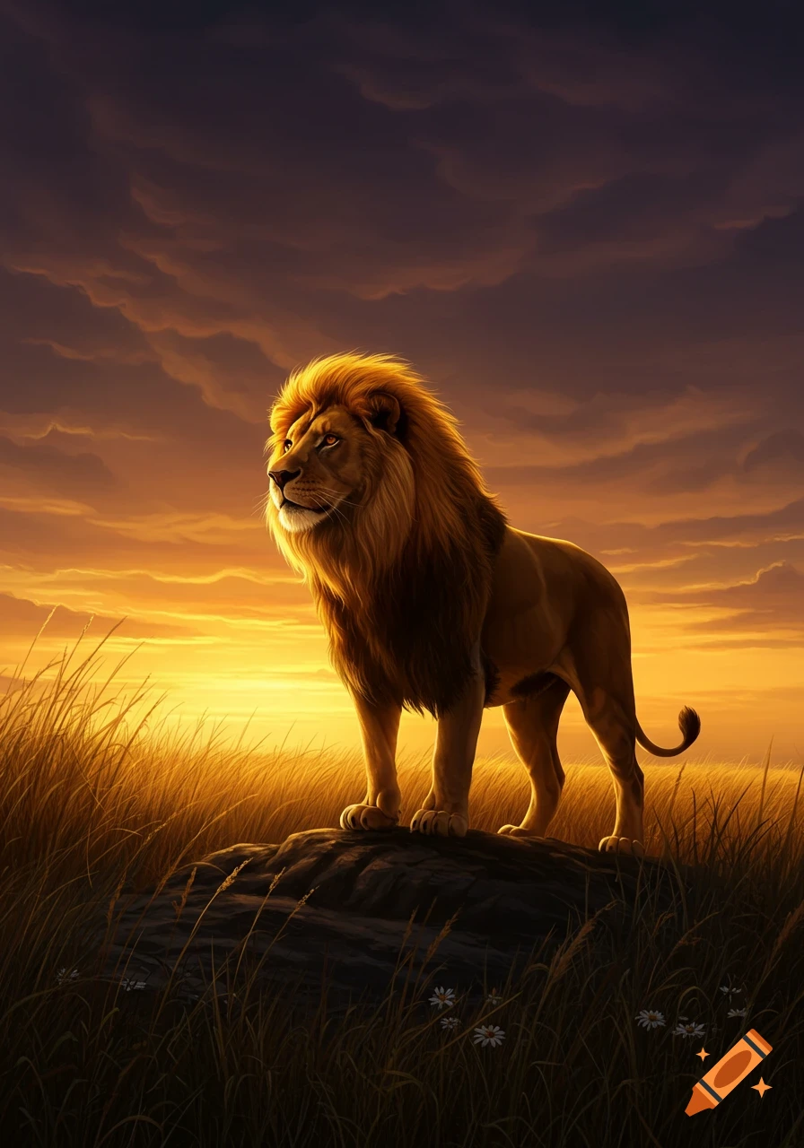 A majestic lion stands on a rock in a golden grassy field, silhouetted against a vibrant sunset sky.