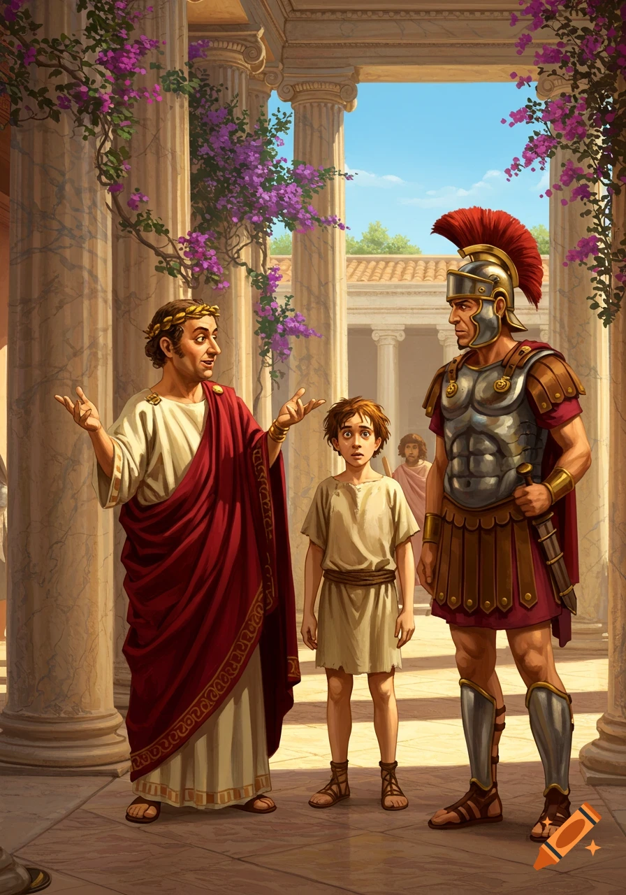 A detailed illustration of a Roman senator speaking to a boy and a stern legionary under a columned portico with purple flowers.