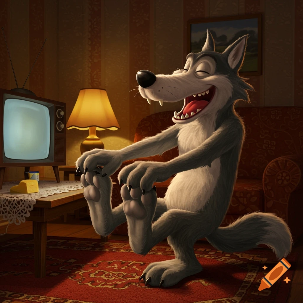 A joyful cartoon wolf with closed eyes and open mouth, laughing while his paws are being tickled in a cozy living room with a vintage TV.