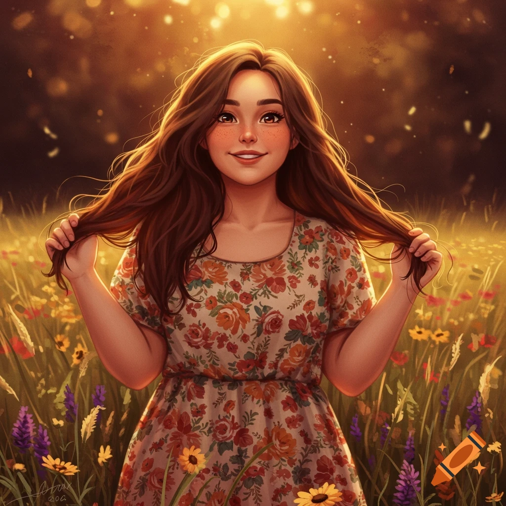 A happy brown-haired cartoon girl with freckles, smiling and holding her hair, stands in a sunlit meadow of wildflowers.