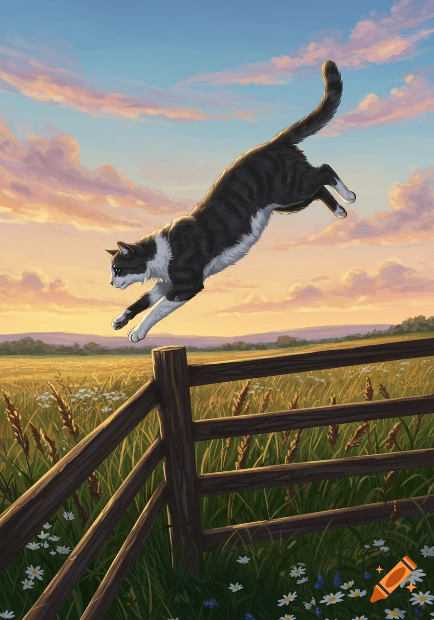 A gray and white tabby cat leaps over a wooden fence in a golden field under a pastel sunset sky, in an artistic style.
