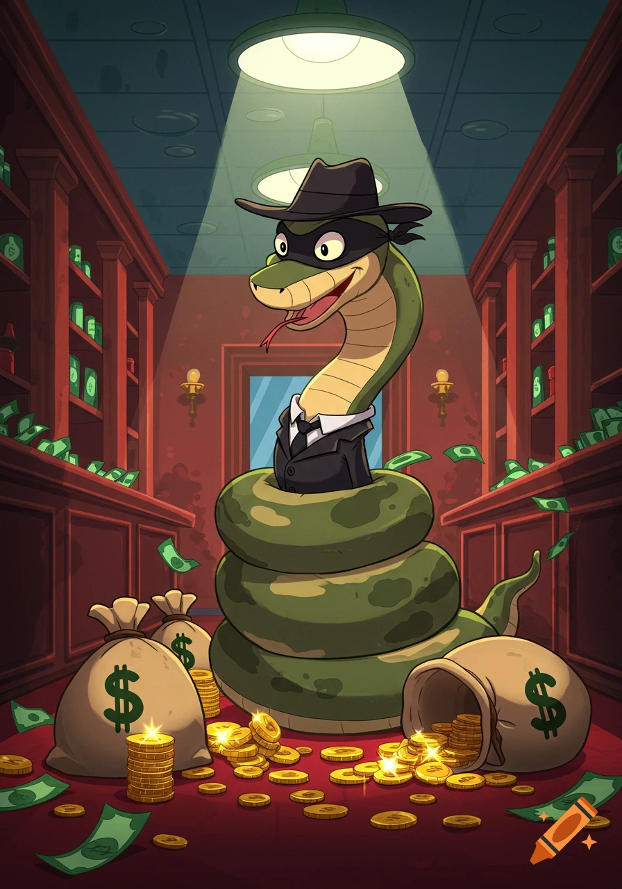 A cartoon snake in a fedora, mask, and suit stands in a bank vault, surrounded by piles of gold coins and cash under a spotlight.