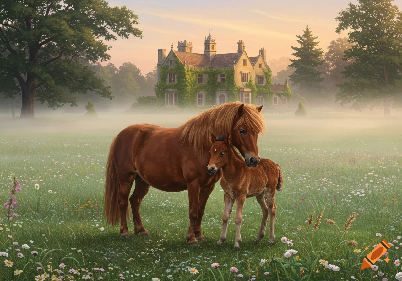 A brown mare and her foal stand in a misty field filled with wildflowers, with a large, vine-covered house in the background at sunset.