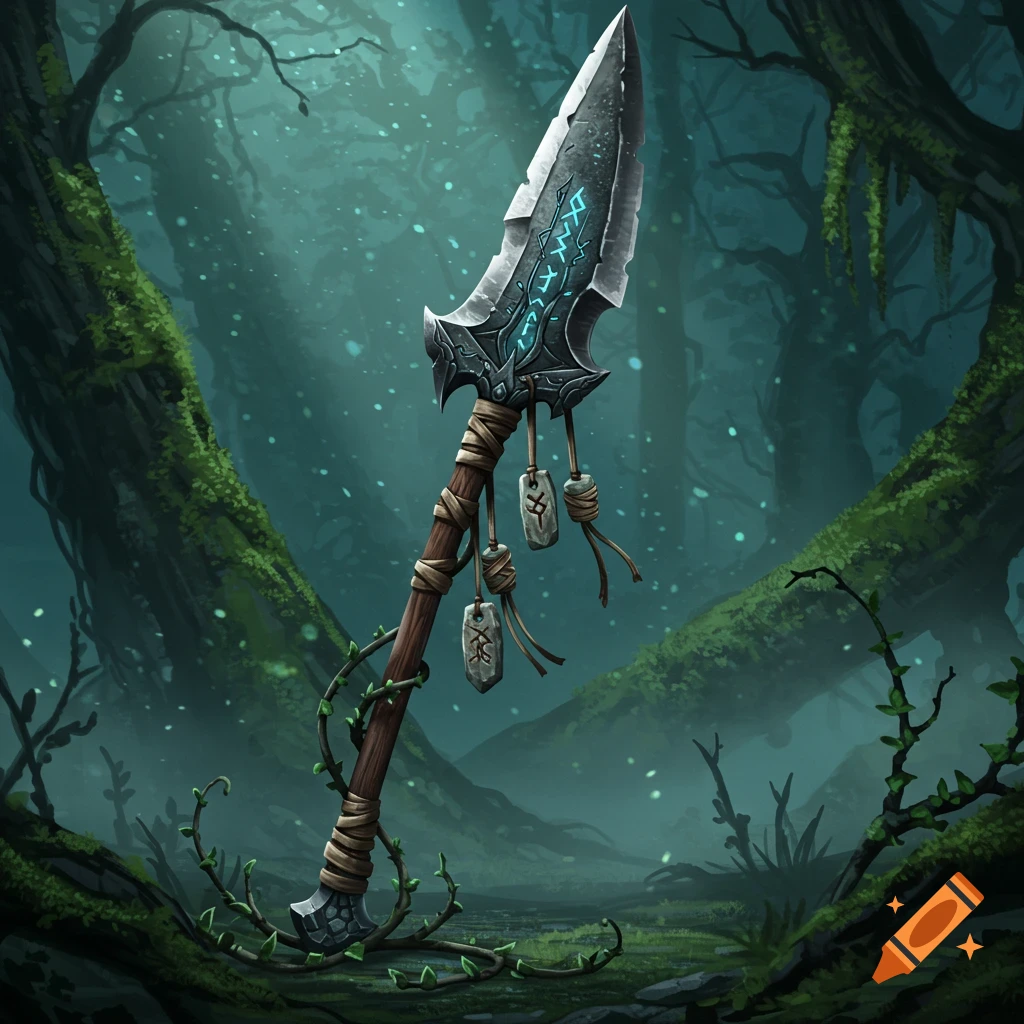 A detailed fantasy glaive with an oversized blade, glowing runes, and talismans, standing in a mossy, mystical forest.