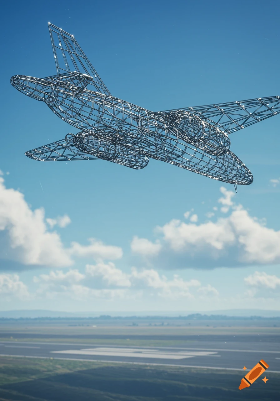 A 3D wireframe plane soaring in a blue sky with clouds, over a distant airport and landscape.