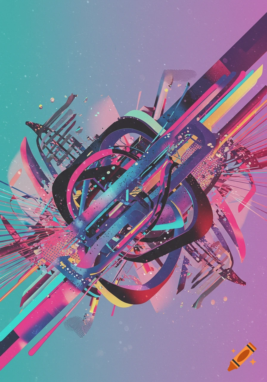 Abstract digital art collage with vibrant pink, blue, yellow, and black geometric shapes and lines on a gradient background.