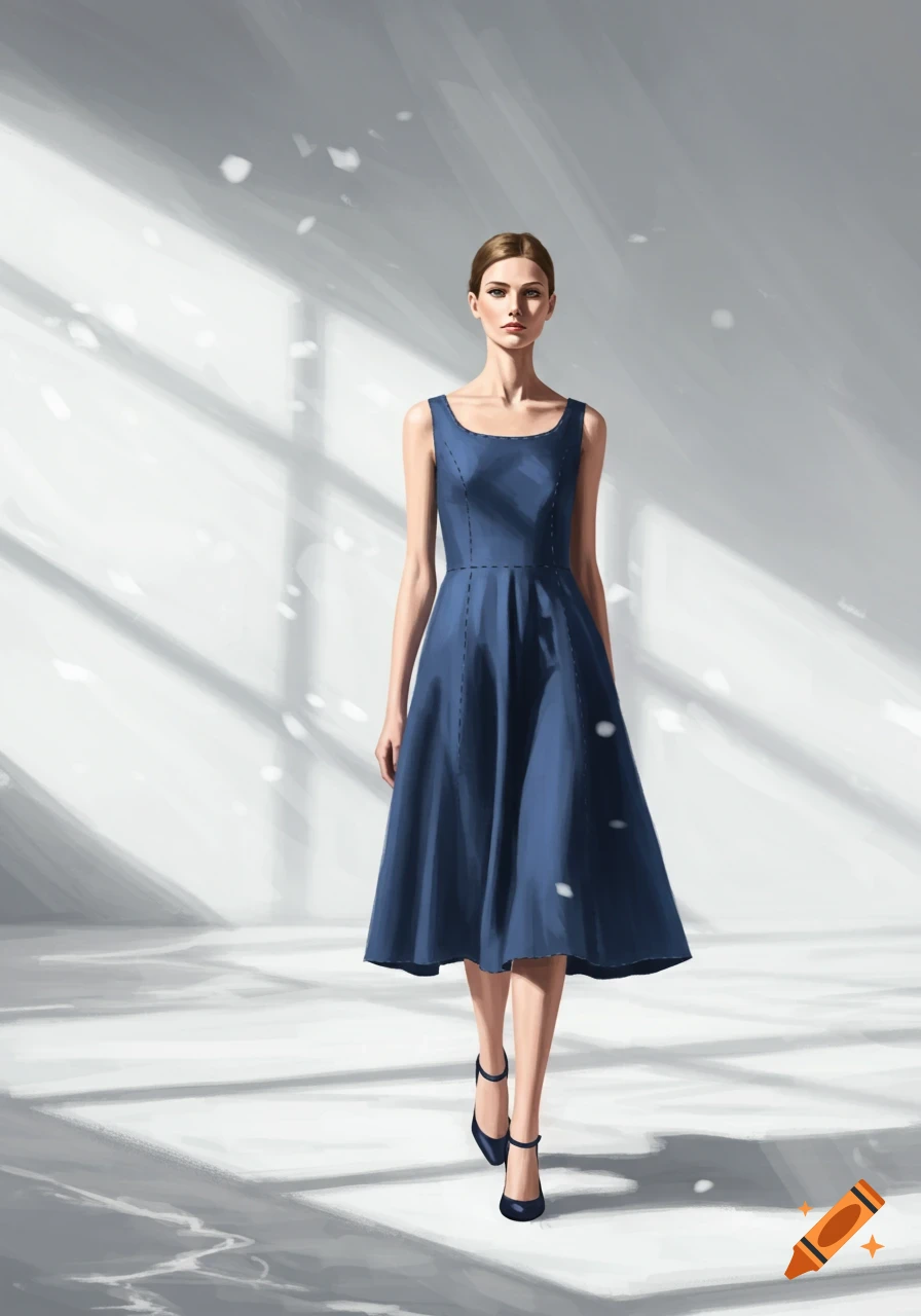 A fashion model in a dark blue sleeveless dress walks forward in a bright, abstract room with strong light and shadows.