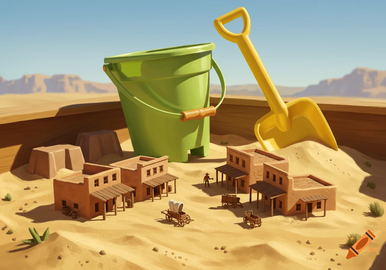 A miniature Western desert town in a sandbox, with a giant green bucket and yellow shovel looming over it. Illustration.