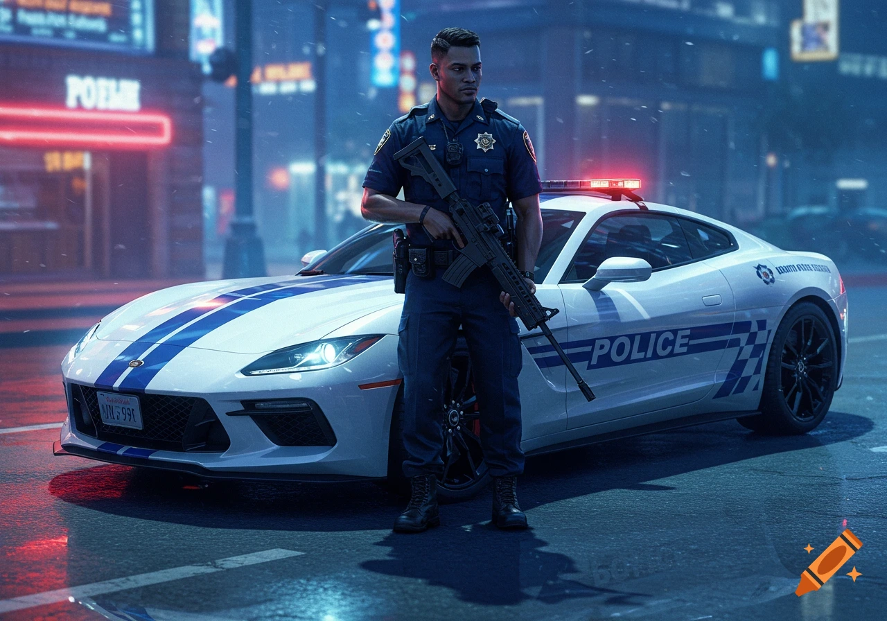 A photorealistic image of a police officer holding a rifle, standing in front of a white and blue police sports car on a wet city street at night.