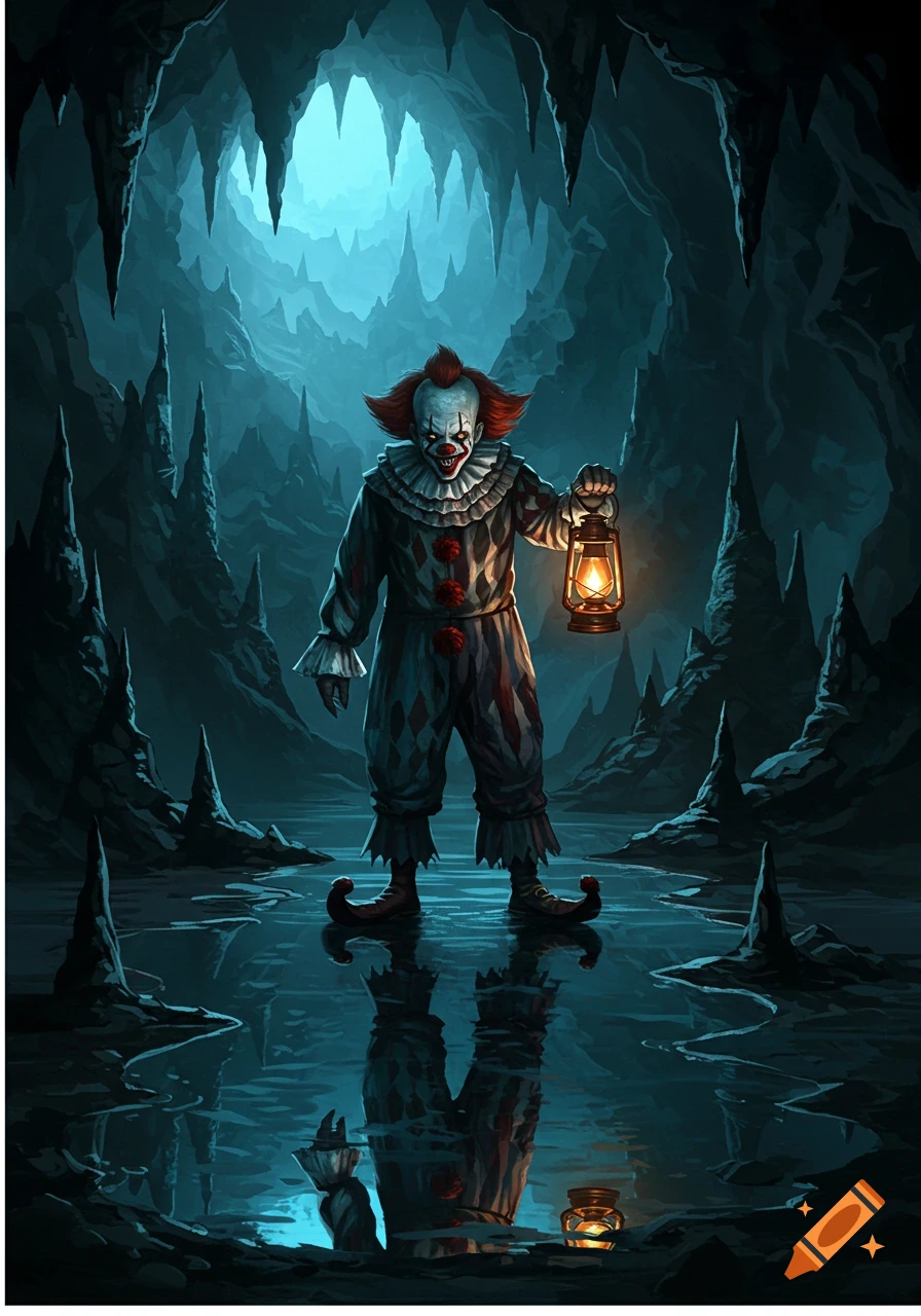 A sinister clown with red hair and a ruffled suit holds a glowing lantern, standing in a dark, watery cave with its reflection.
