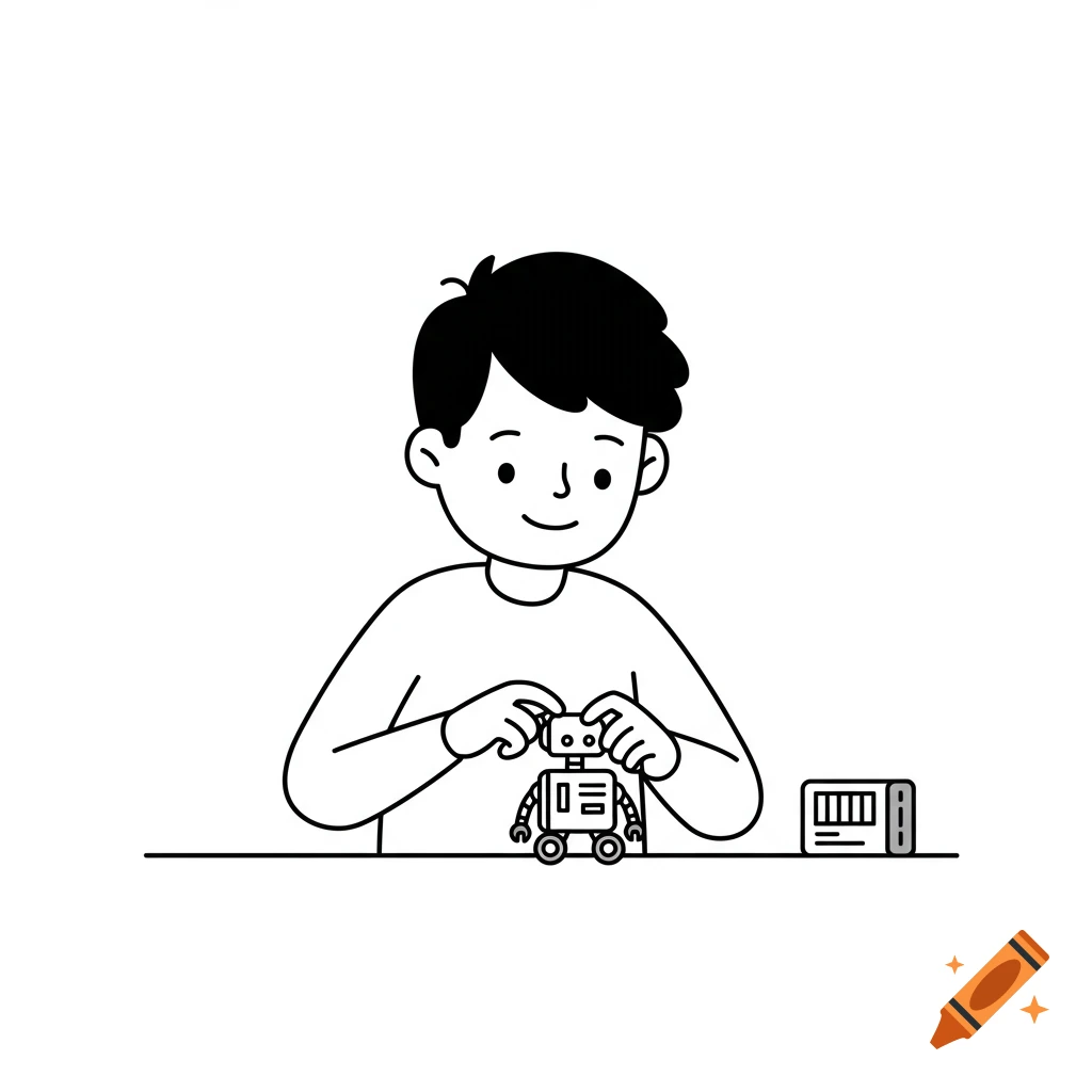Minimalist line drawing of a boy with black hair assembling a small robot on a white surface.