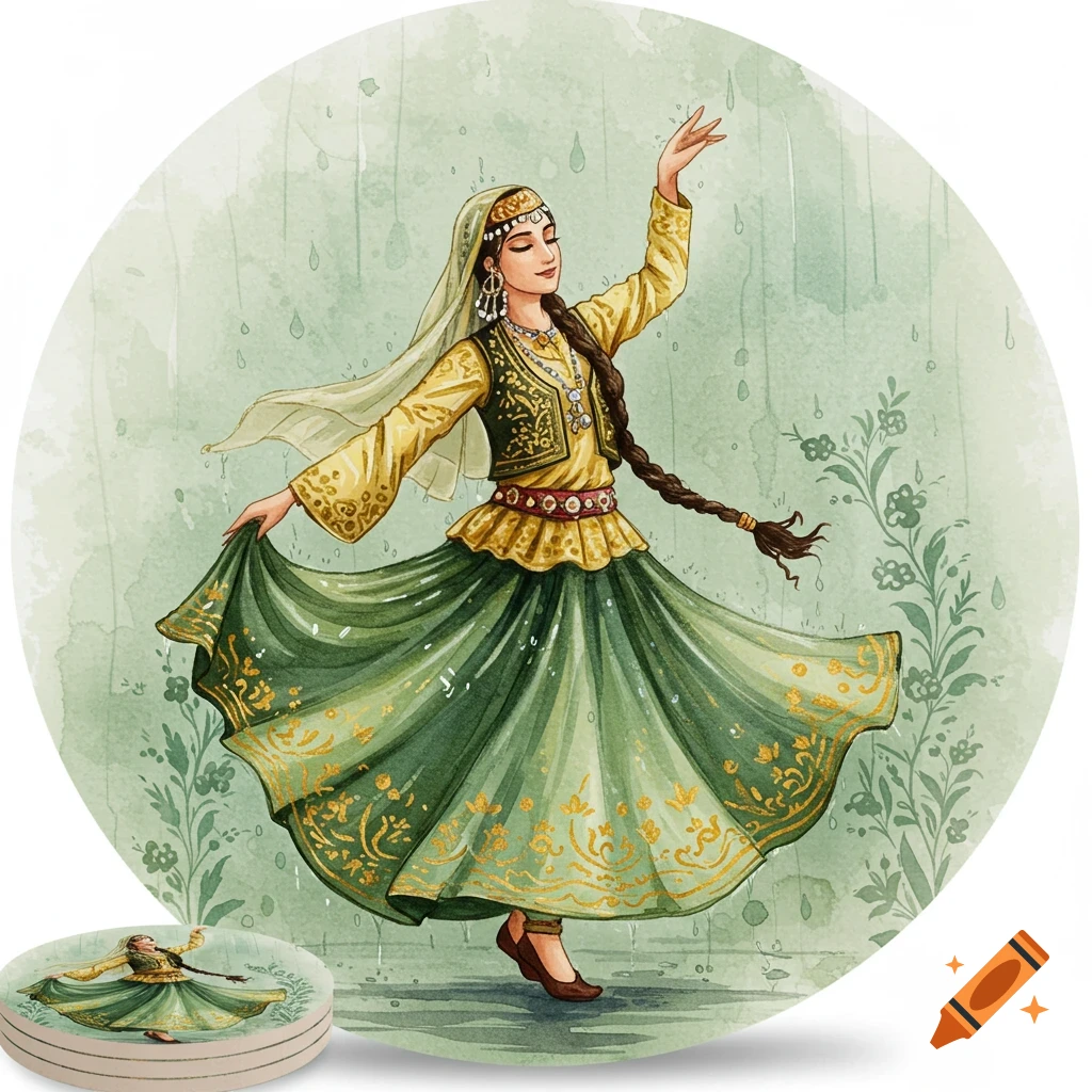 Watercolor painting of a graceful Gilani female dancer in gold and green traditional attire, dancing under rain with Persian motifs.