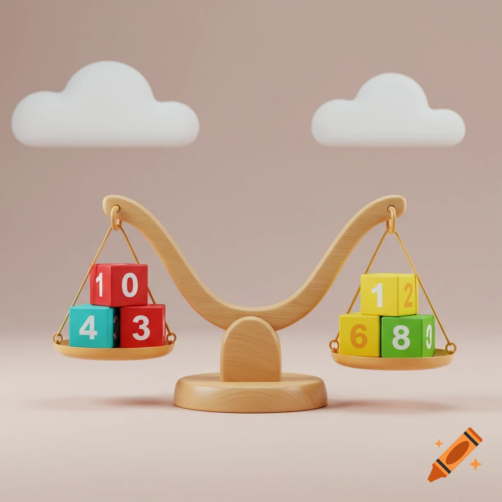 A wooden balance scale with colorful number blocks on each side, set against a pink background with clouds.