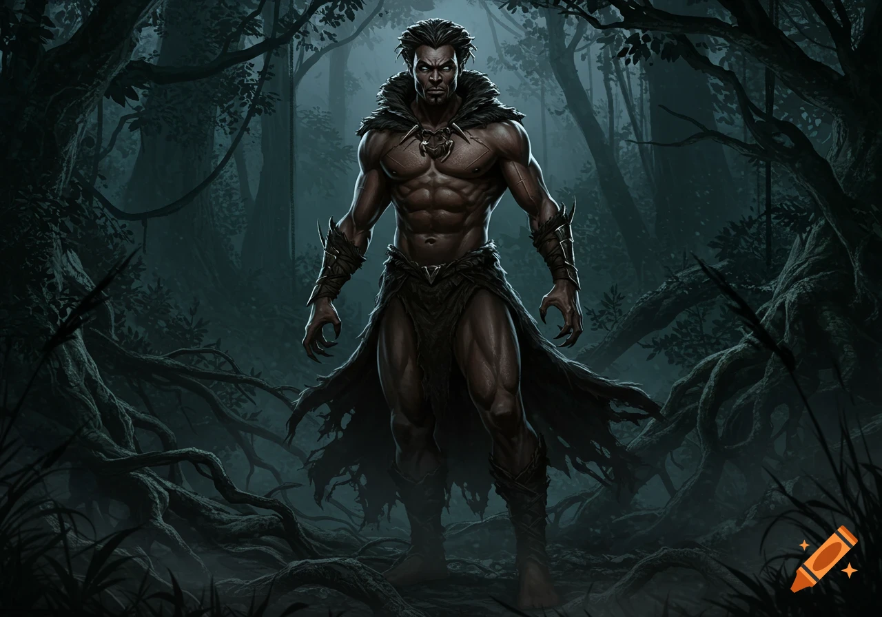 A muscular, dark-skinned man with clawed hands and tribal attire stands in a dark, misty jungle, looking intimidating.