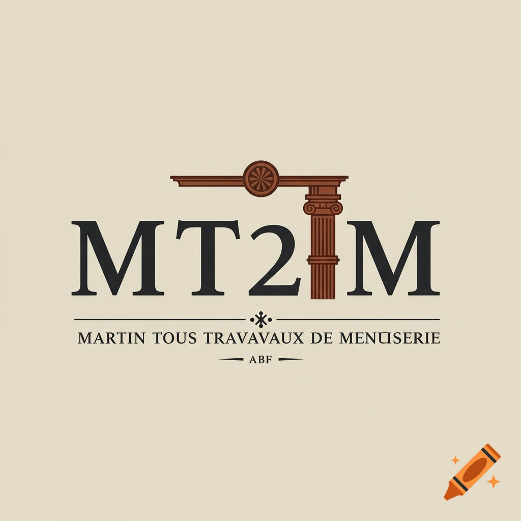 Logo for MT2M carpentry, featuring a brown architectural column and entablature above the text 'MT2M', 'MARTIN TOUS TRAVAUX DE MENUISERIE', and 'ABF' on a light background.