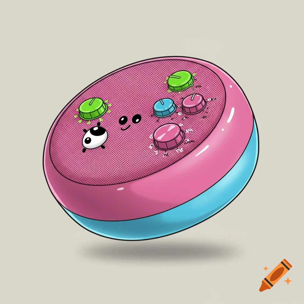 A cartoon illustration of a smiling pink and blue circular speaker with green and pink control knobs, floating.