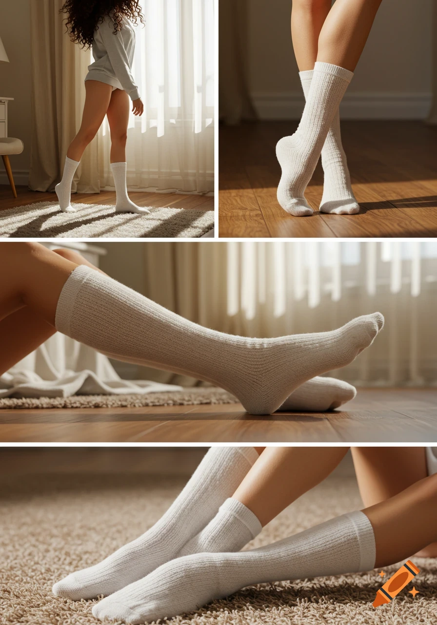 Photorealistic image of a woman's legs and feet wearing white ribbed socks in various poses within a cozy bedroom setting.