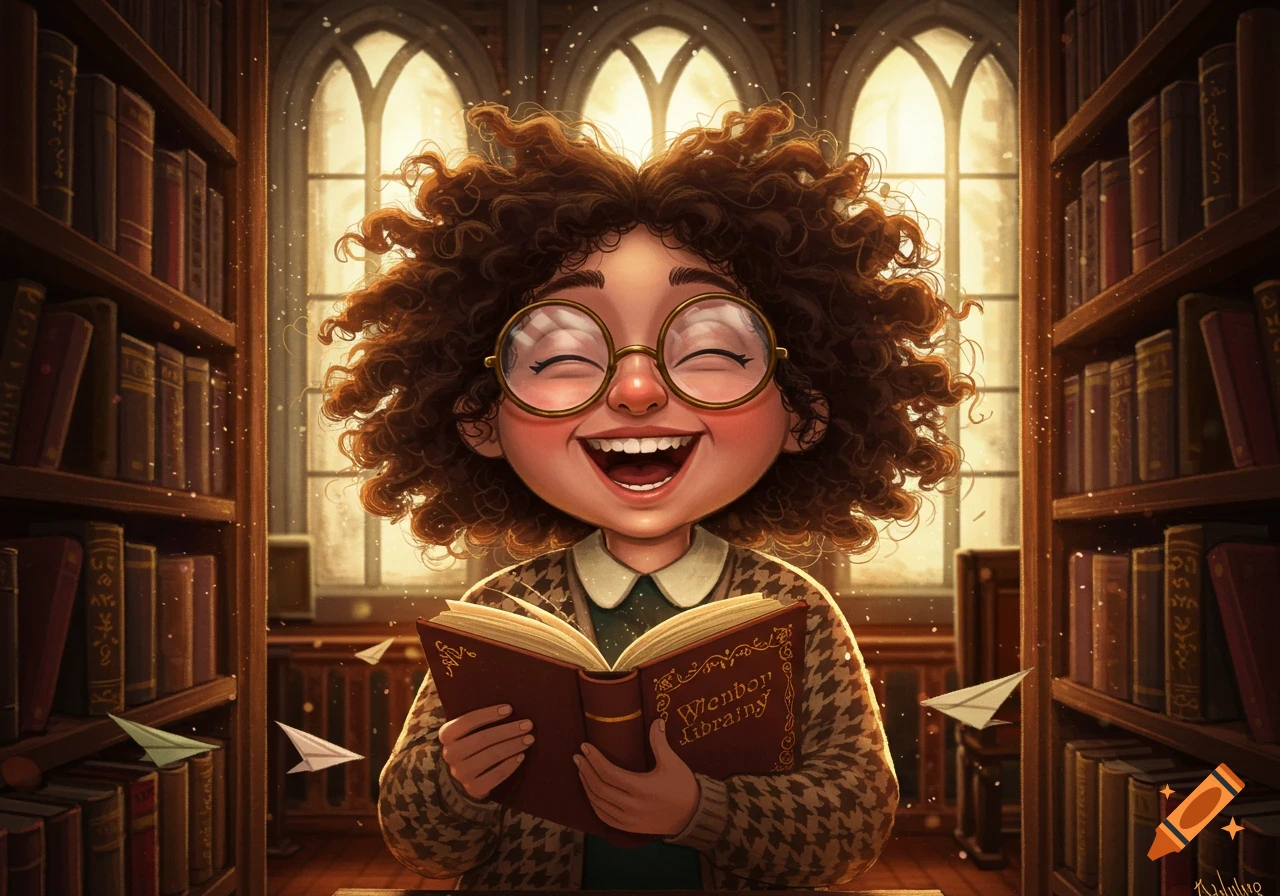 A happy, cartoon librarian with curly hair and glasses laughs joyfully while reading a book in a cozy library with bookshelves and arched windows.