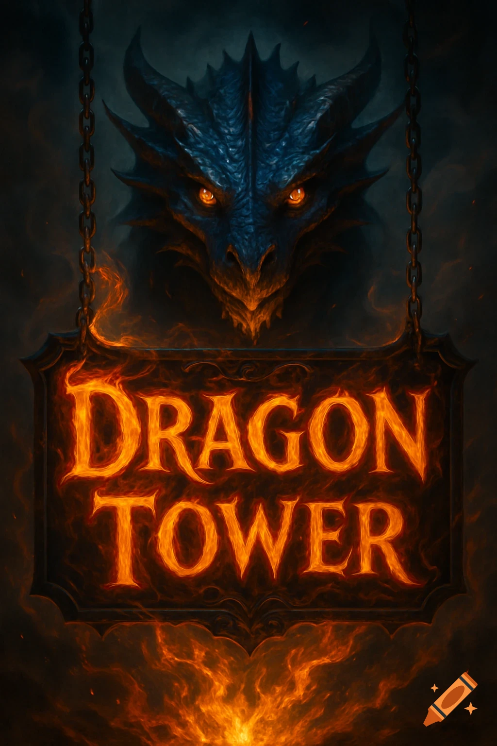 A blue dragon head with glowing eyes above a flaming sign that reads "Dragon Tower" against a dark background.